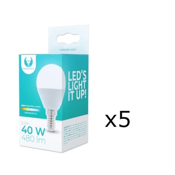 LED-pære E14, G45, 6W, 4500K 5-pak, hvid neutral