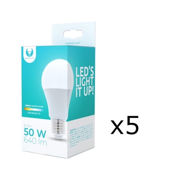 LED-lamppu E27, A60, 8W, 3000K 5-pack, lämmin valkoinen