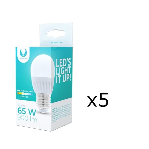 LED-lampe E27, G45, 10W, 230V, 4500K, keramisk 5-pakning, hvit nøytral