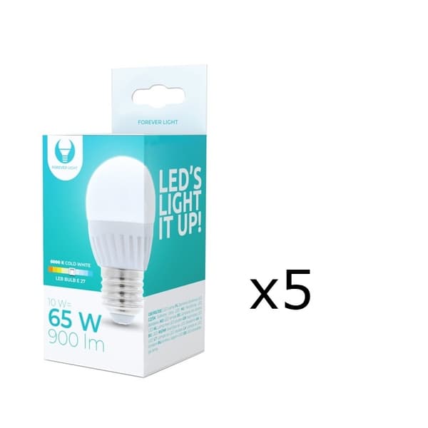 LED-lampe E27, G45, 10W, 230V, 6000K, keramisk 5-pak, kølig hvid