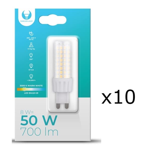 LED-lampe, G9, 8W, 230V, 3000K, 10-pak, Varm hvid