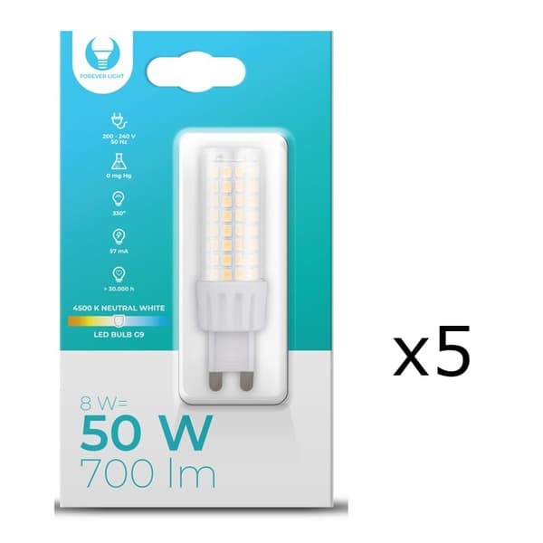 LED-lampe, G9, 8W, 230V, 4500K, 5-pak, Hvid neutral