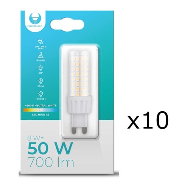 LED-lampe, G9, 8W, 230V, 4500K, 10-pk, Hvit nøytral