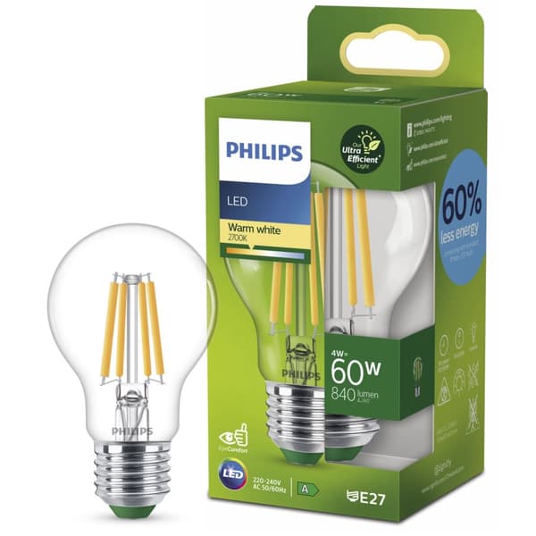 Philips LED E27 Normal 4W (60W) Klar 840lm 2700K Energiklasse A