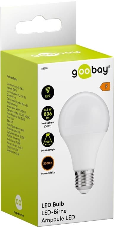 Goobay LED-lampa, 8,5 W sockel E27, varmvit, ej dimbar