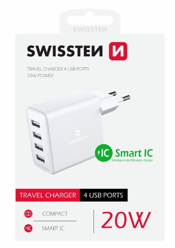 Swissten Smart IC Premium Travel Charger 4 x USB 4A / 20W With Automatic Optimal Power Charging