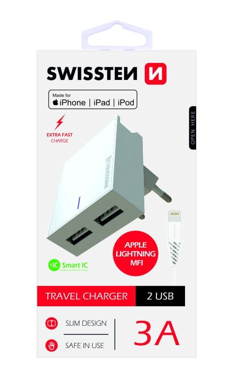 Swissten Síťový Adaptér Smart Ic 2X Usb 3A Power + Datový Kabel Usb / Lightning Mfi 1,2 M Bílý
