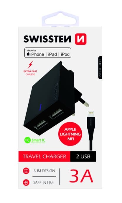 Swissten MFI Apple Certified Travel Charger USB 3А / 15W With Lightning Cable 1.2m