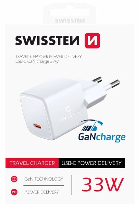 Swissten Síťový Adaptér GaN USB-C 33W PD mini 3x3x3 cm Bilý