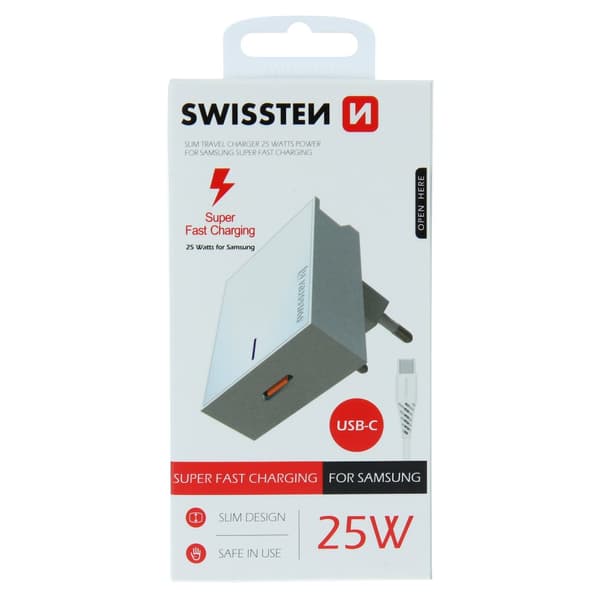 Swissten 25W Samsung Super Fast Charging Travel charger with 1.2m USB-C to USB-C cable