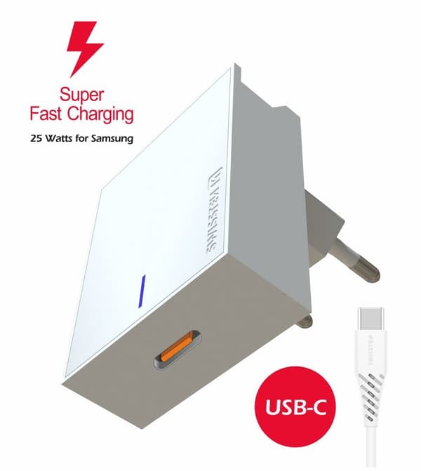 Swissten 25W Samsung Super Fast Charging Travel charger with 1.2m USB-C to USB-C cable