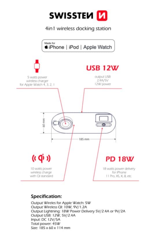Swistten 4in1 MFI Wireless Docking Station 45W for Apple iPhone / iPod / Apple Watch