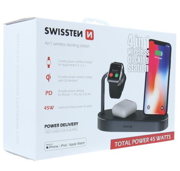 Swistten 4in1 MFI Wireless Docking Station 45W for Apple iPhone / iPod / Apple Watch