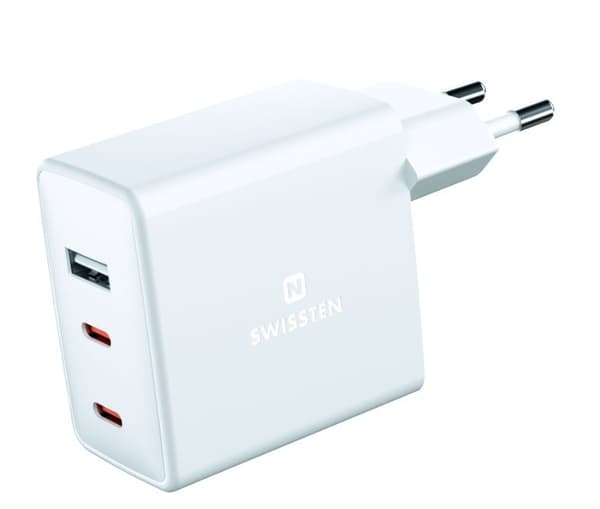 Swissten Síťový Adaptér GaN 2x USB-C + 1x USB 70W PD Bilý