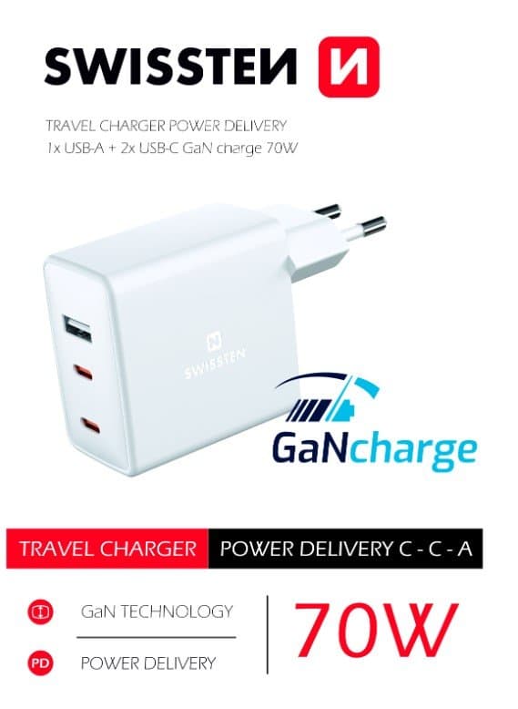Swissten Síťový Adaptér GaN 2x USB-C + 1x USB 70W PD Bilý