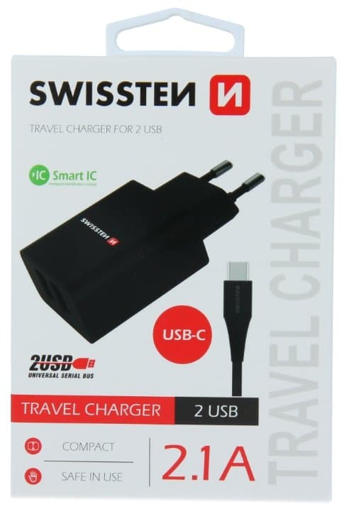 Swissten Síťový Adaptér Smart Ic 2X Usb 2,1A Power + Datový Kabel Usb / Type C 1,2 M Černý