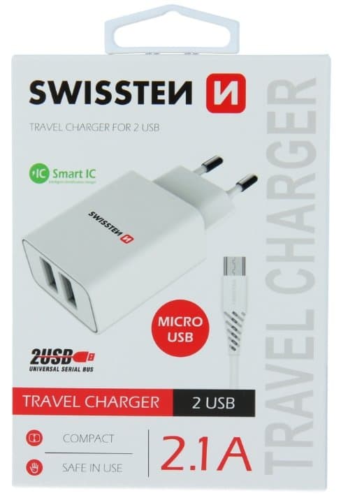 Swissten Síťový Adaptér Smart Ic 2X Usb 2,1A Power + Datový Kabel Usb / Micro Usb 1,2 M Bílý