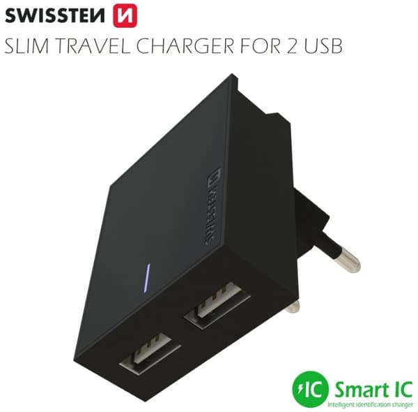 Swissten Síťový Adaptér Smart Ic 2X Usb 3A Power + Datový Kabel Usb / Micro Usb 1,2 M Černý