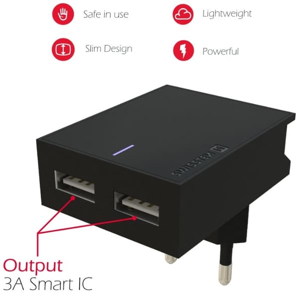 Swissten Síťový Adaptér Smart Ic 2X Usb 3A Power + Datový Kabel Usb / Micro Usb 1,2 M Černý