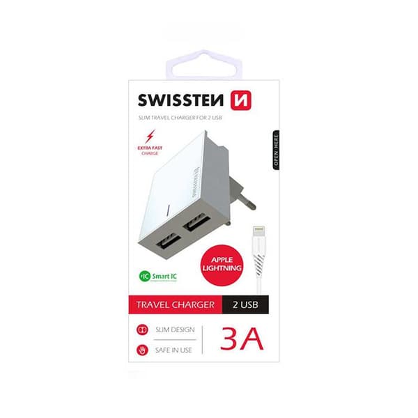 Swissten Premium Travel Charger 2x USB 3А / 15W With Lightning Cable 1.2m Hvit