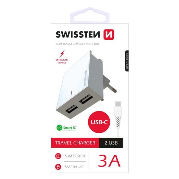 Swissten Síťový Adaptér Smart Ic 2X Usb 3A Power + Datový Kabel Usb / Type C 1,2 M Bílý