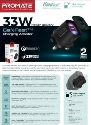 PROMATE PowerPort-33 GaNFast Charger adapter 33W / USB-C PD / USB-A