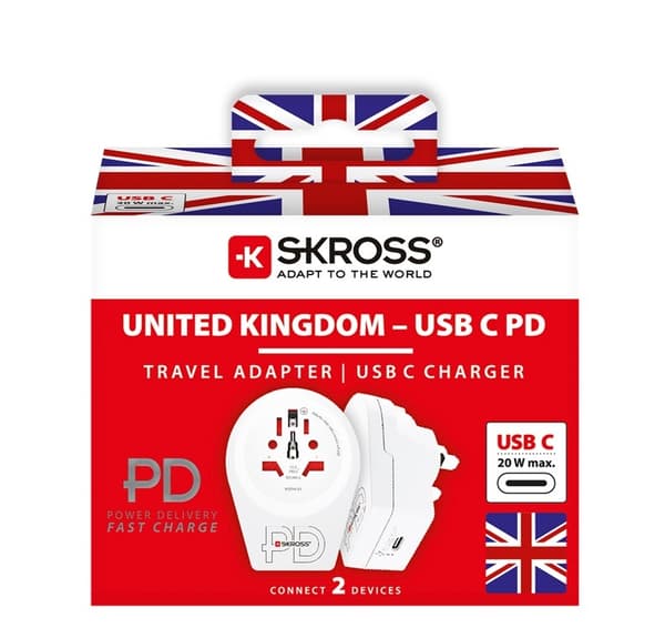 SKROSS World Adapter - World to UK USB-C™ PD för alla jordade och ojordade enheter (2- och 3-poliga), med integrerad, ultrasnabb USB-C™-laddare (Power