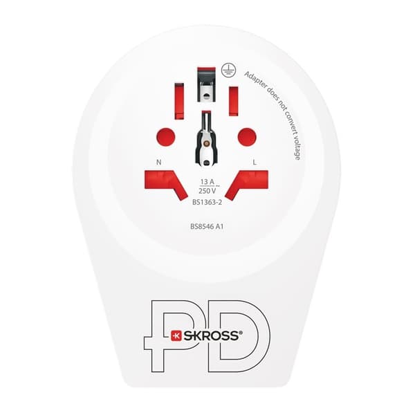 SKROSS World Adapter - World to UK USB-C™ PD för alla jordade och ojordade enheter (2- och 3-poliga), med integrerad, ultrasnabb USB-C™-laddare (Power