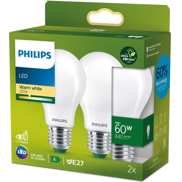 Philips 2-pack LED E27 Normal 4W (60W) Frostad 840lm 2700K Energiklass A