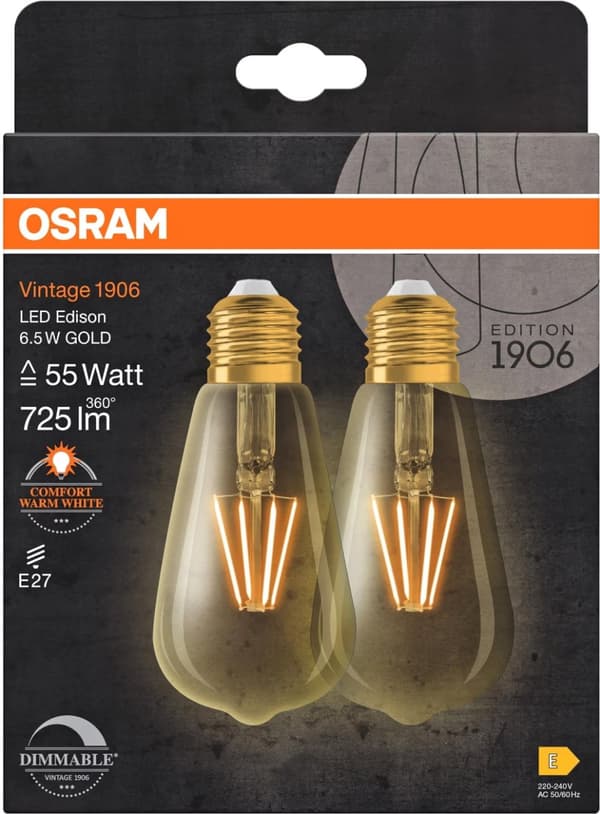 Osram 1906 LED edison fil gold 6,5W/824 (55W) E27 dim 2-pack