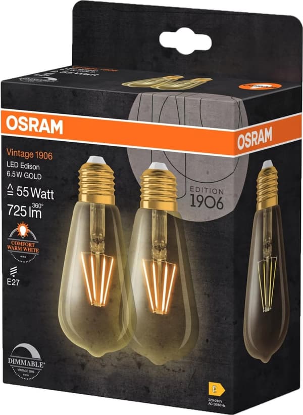 Osram 1906 LED edison fil gold 6,5W/824 (55W) E27 dim 2-pack