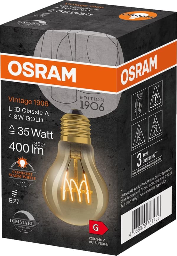 Osram 1906 LED std gold spi fil ul th 4,8W/822 (35W) E27 dim