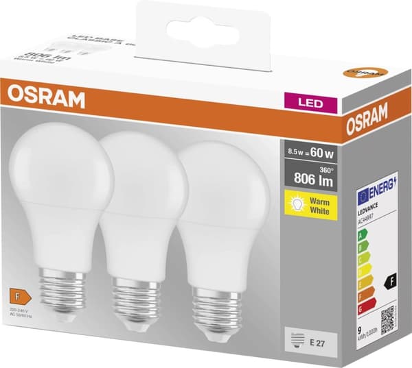 Osram LED BASE std frosted 8,5W/827 (60W) E27 HS  3-pack
