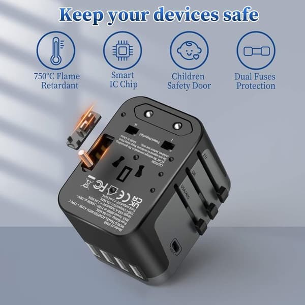 Allt-i-ett reseadapter med 4 USB 5.6A och 1 USB C Frosted Universal Plug Adapter Frankrike till engelska, USA