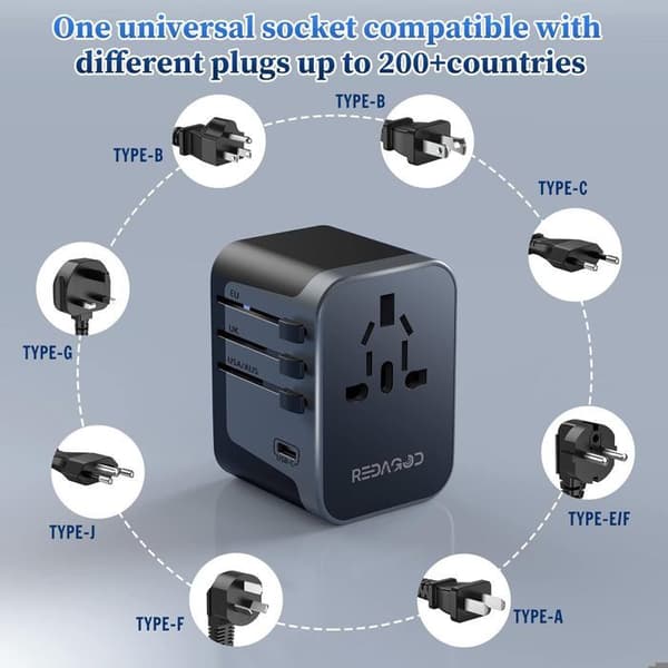 Allt-i-ett reseadapter med 4 USB 5.6A och 1 USB C Frosted Universal Plug Adapter Frankrike till engelska, USA