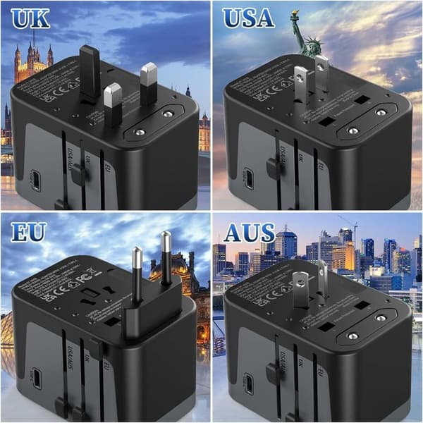 Allt-i-ett reseadapter med 4 USB 5.6A och 1 USB C Frosted Universal Plug Adapter Frankrike till engelska, USA