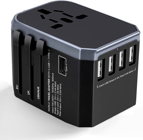 Allt-i-ett reseadapter med 4 USB 5.6A och 1 USB C Frosted Universal Plug Adapter Frankrike till engelska, USA
