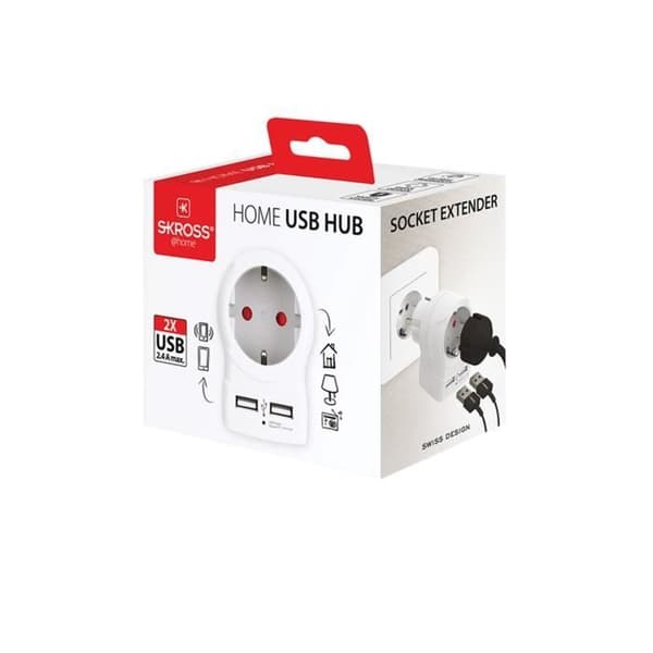 Reseadapter - SKROSS - Europa till Europa + 2 USB - Vit - Universal - Shuko-kontakt