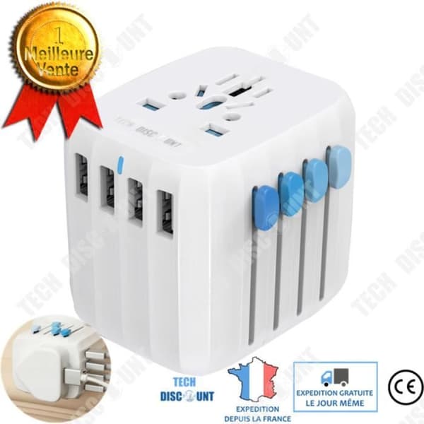 TD® universal reseadapter med 4 usb internationellt Frankrike till Storbritannien usa engelsk kontakt nätladdare