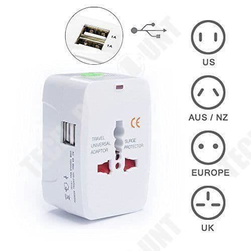 TD® International Travel Adapter Universalkontakt med 2 USB-portar (1A) Nät 220V - 110V AU USA EU