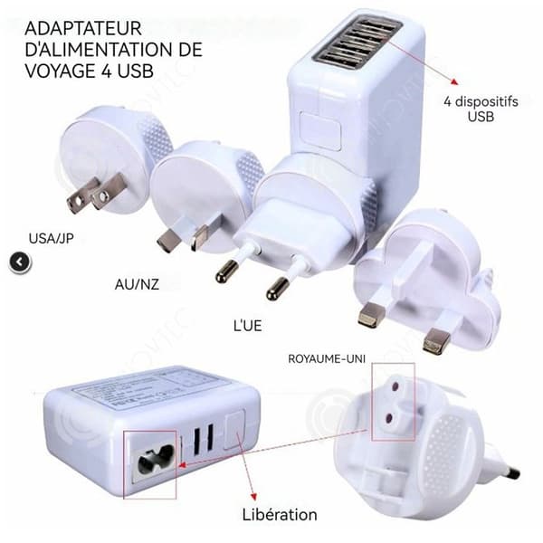 INN Resaadapter med 4 kontaktpluggar och 4 USB 5V 2A strömomvandlingskontakt EU USA UK gemensam för många länder bärbar