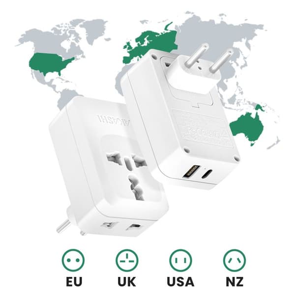Reseadapter Europa Brasilien Korea USB och USB C 15W Akashi Vit