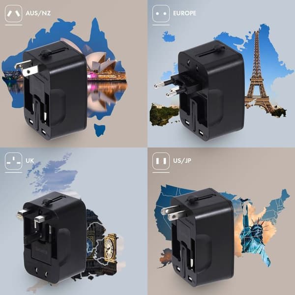 "Internationell Reseadapter US / UK / EU / AUS 1x Uttag Hona Akashi Svart"