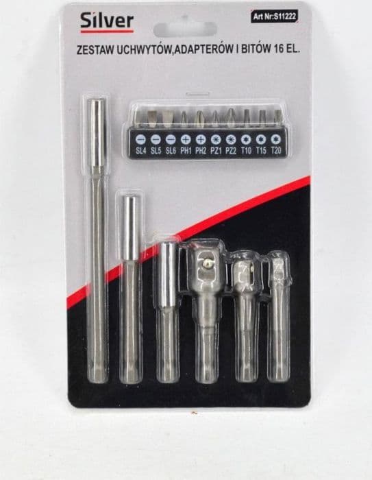 Silver - 11222 - HEXAGONAL ADAPTER Silver FOR SOCKETS WITH A SET OF BITS /16 pcs.