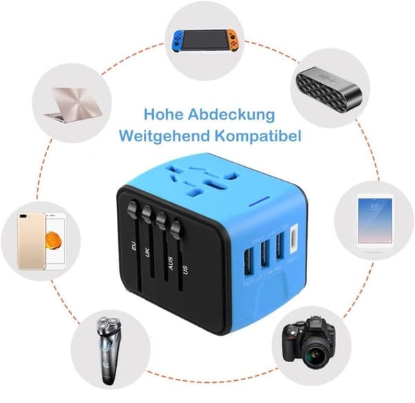 Lollanda Global Travel Adapter – Universal Multi-Country Plug Converter – 3 USB + 1 Type-C hurtigopladning – Kompakt og bærbar oplader