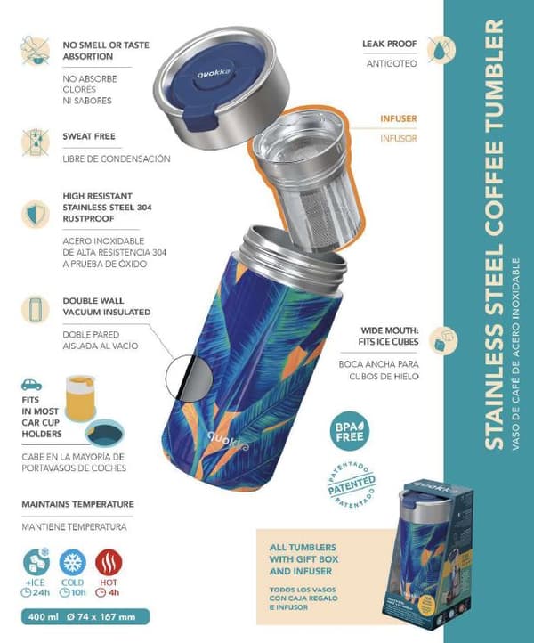 Quokka Boost Coffee Tumbler - Ruostumattomasta teräksestä valmistettu lämpömuki infussorilla 400 ml (Blue Jungle)
