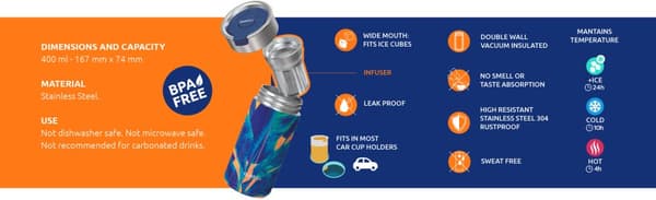 Quokka Boost Coffee Tumbler - Ruostumattomasta teräksestä valmistettu lämpömuki infussorilla 400 ml (Blue Jungle)