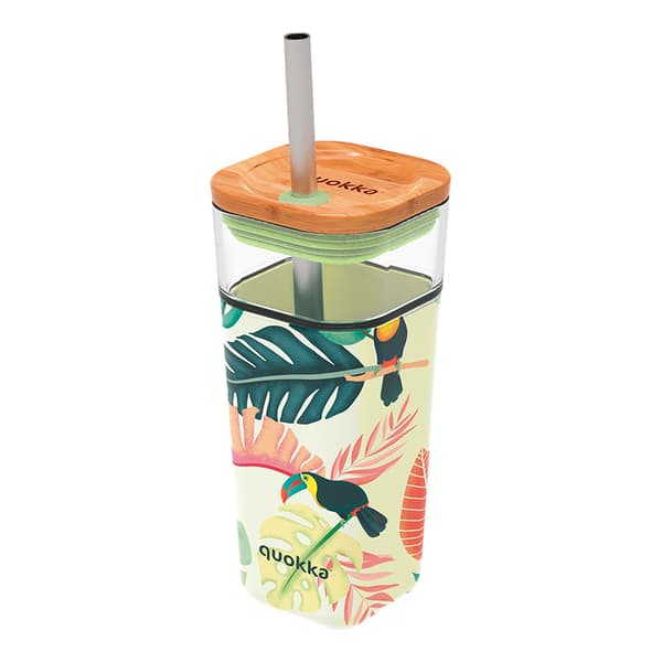 Quokka Liquid Cube - 540 ml glaskop med sugerør af rustfrit stål (tropiske tukaner)