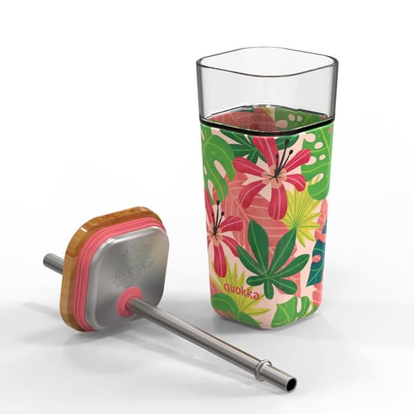 Quokka Liquid Cube - 540 ml glaskop med sugerør af rustfrit stål (Pink Jungle)