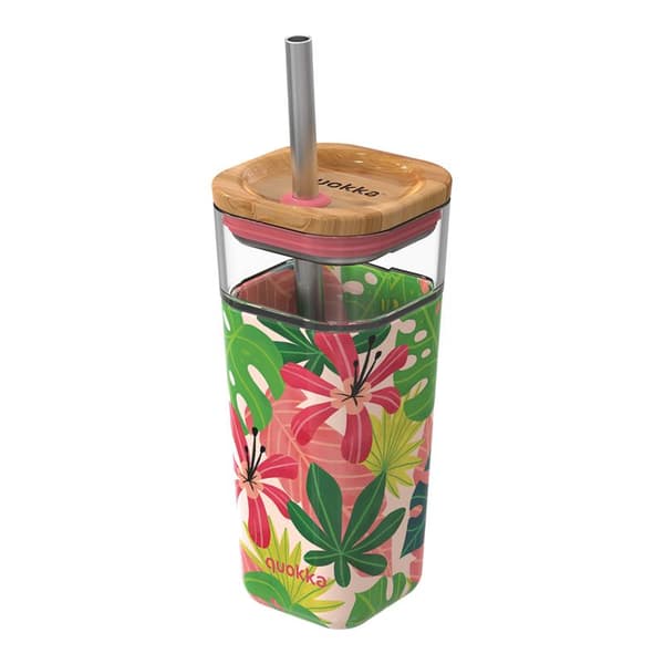 Quokka Liquid Cube - 540 ml glaskop med sugerør af rustfrit stål (Pink Jungle)